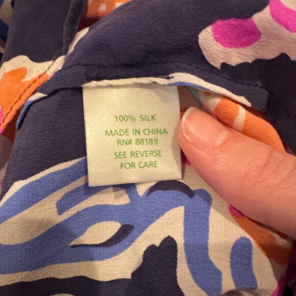 Lilly Pulitzer Silk Floral Blouse Women’s Small Navy Pink Orange Long Sleeve Top - Picture 6 of 7